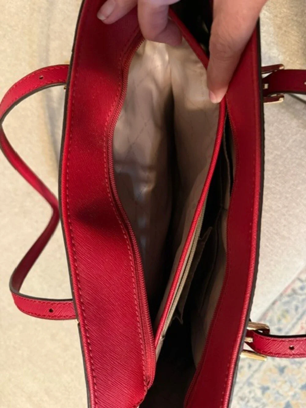 Michael Kors Red Leather Tote Handbag Double Strap Shoulder Bag